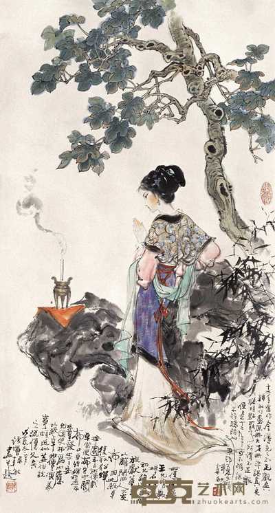 韩敏 1988年作 貂蝉拜月图 立轴 89.5×48cm